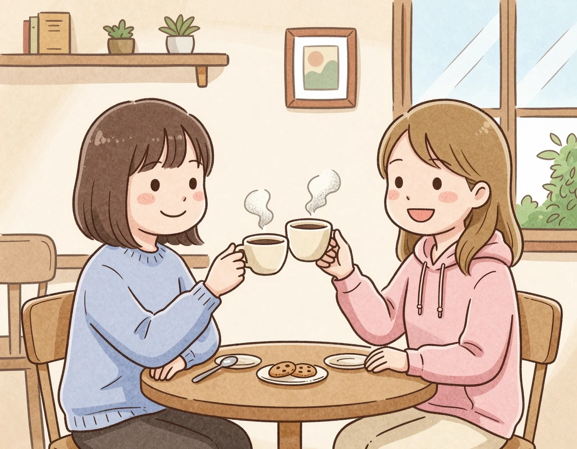 다시 만나 카페에서 웃으며 건배하는 두 사람