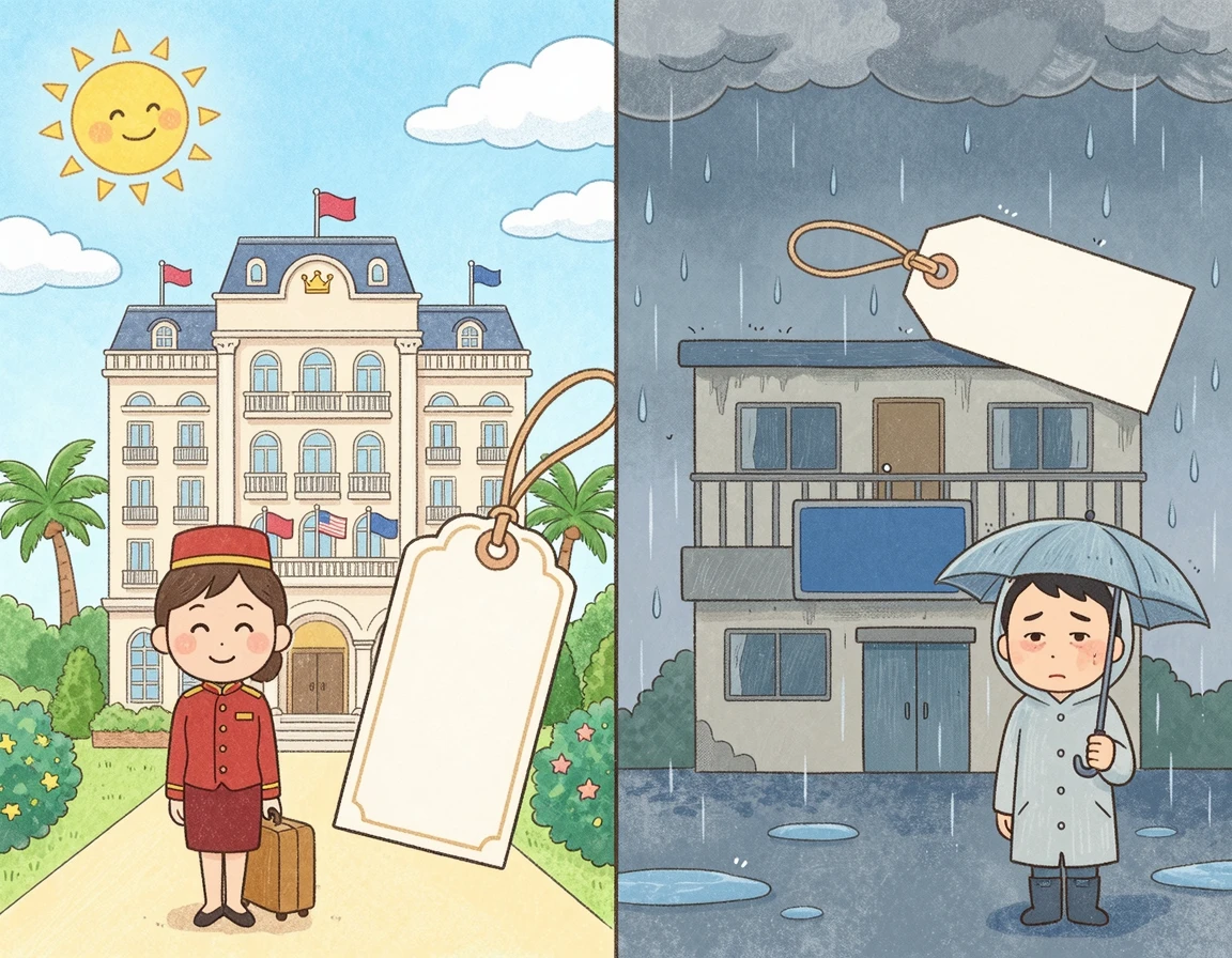 성수기와 비수기의 호텔 가격 비교 일러스트