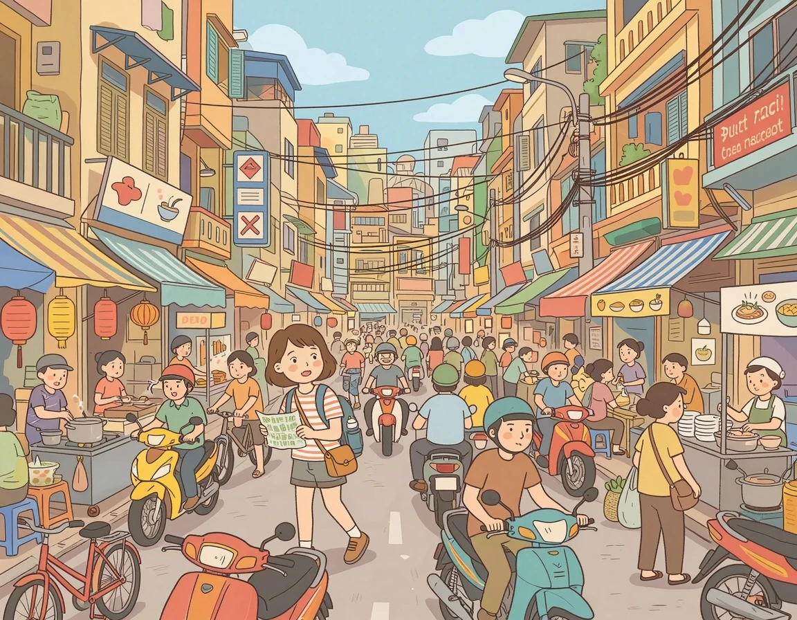 복잡하고 활기찬 하노이 구시가지 거리 풍경