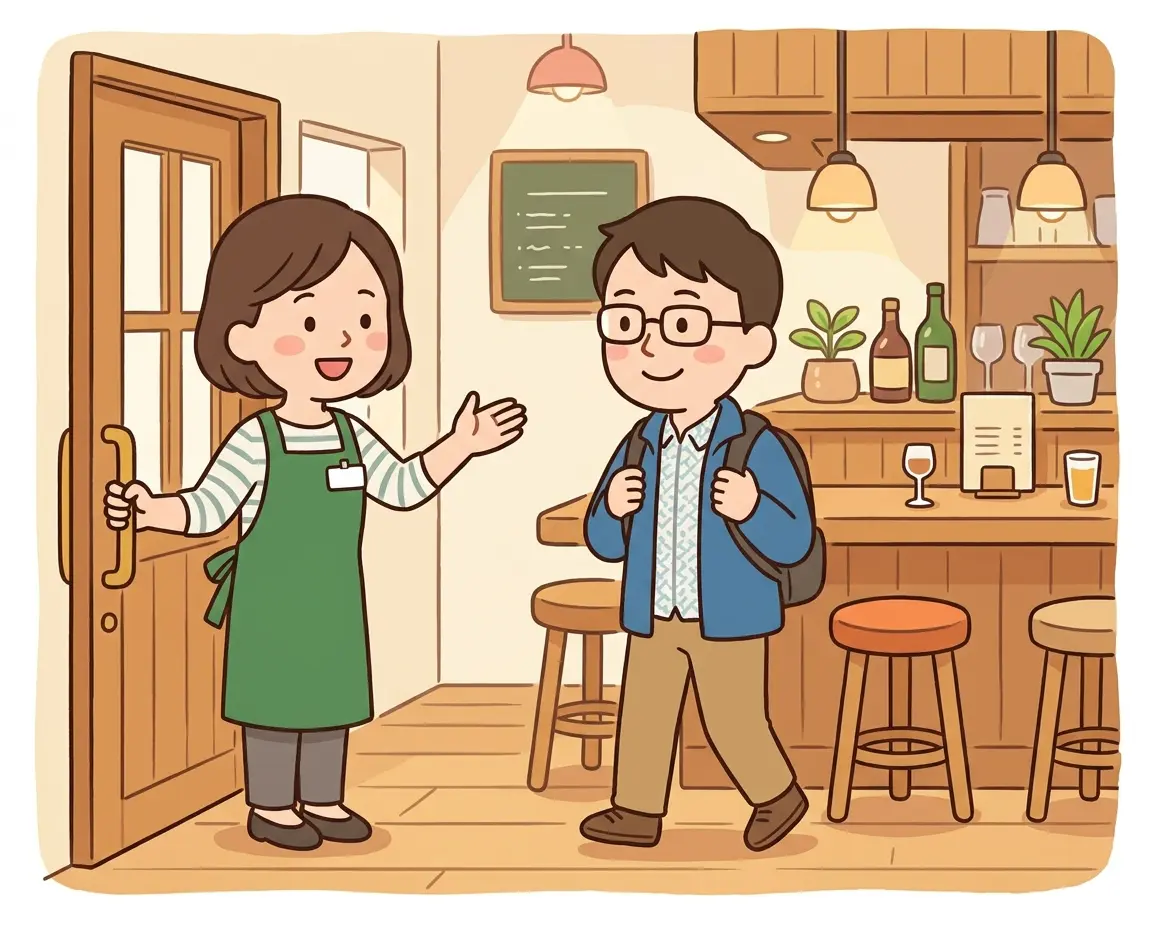 예약 없이 방문한 1인 손님을 바 좌석으로 안내하는 친절한 레스토랑 직원