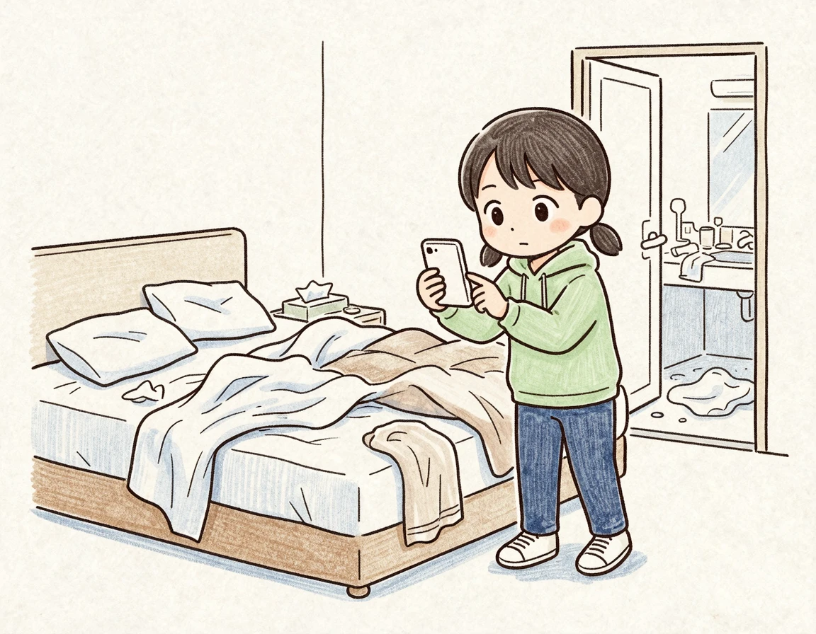 숙소의 위생 불량과 문제점을 스마트폰으로 꼼꼼히 촬영하여 증거를 수집하는 여행객
