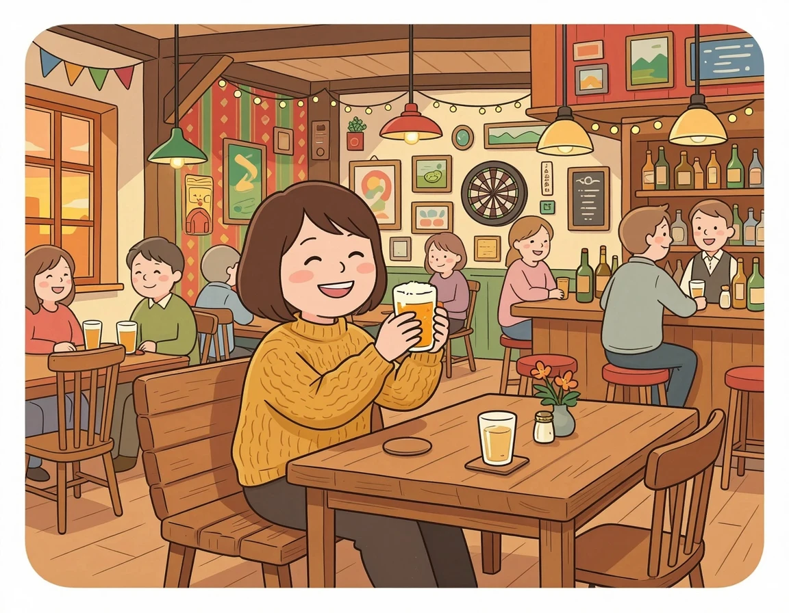 독특한 분위기의 루인바에서 초저녁에 여유롭게 맥주를 즐기는 모습