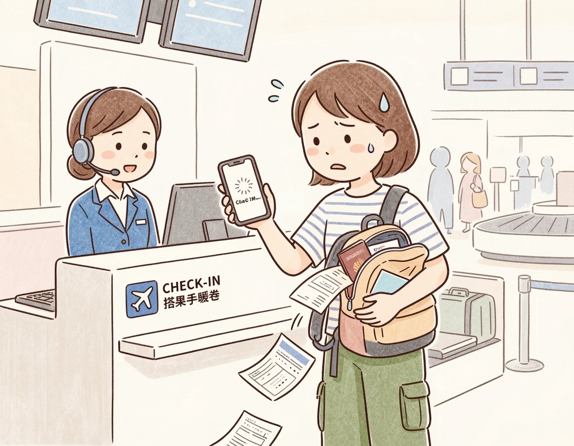 공항 카운터에서 서류 문제로 당황하는 여행자 일러스트