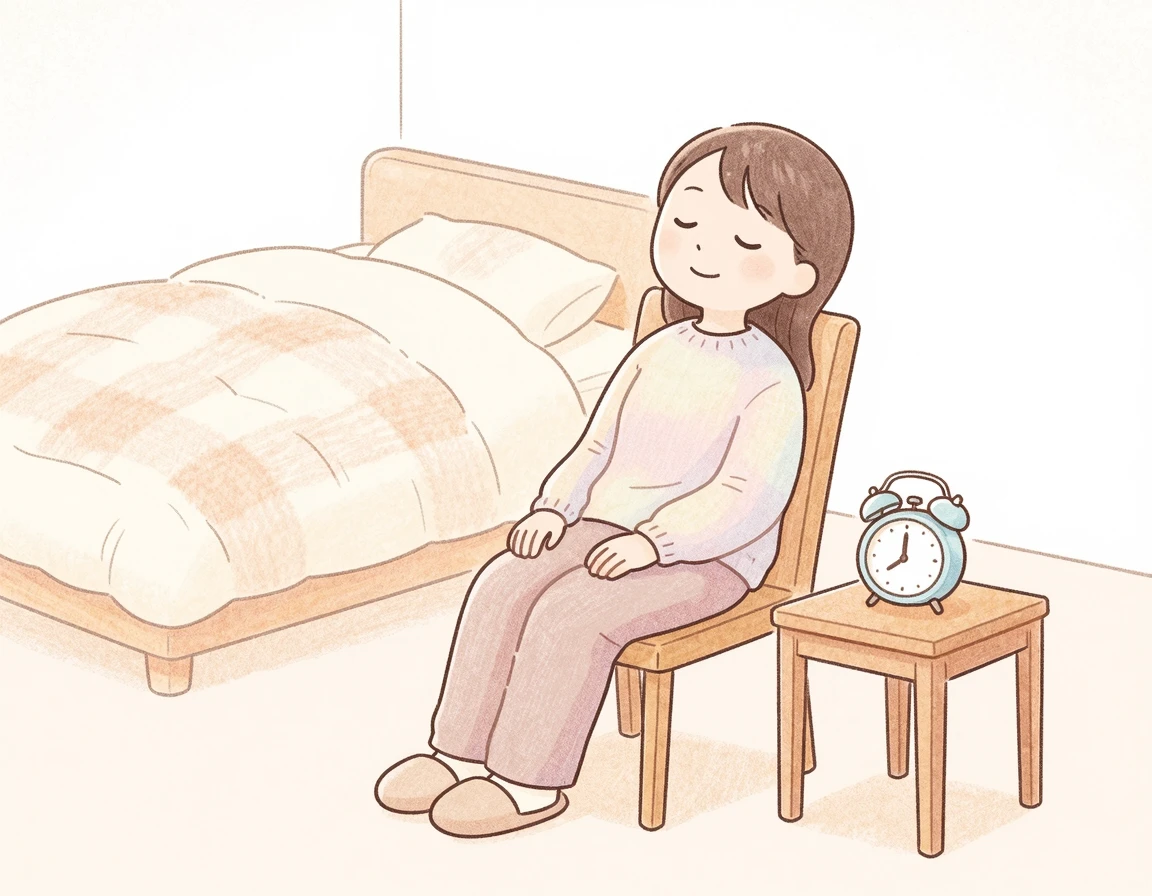 침대 대신 의자에 앉아 알람을 맞추고 잠깐 낮잠을 자는 여성