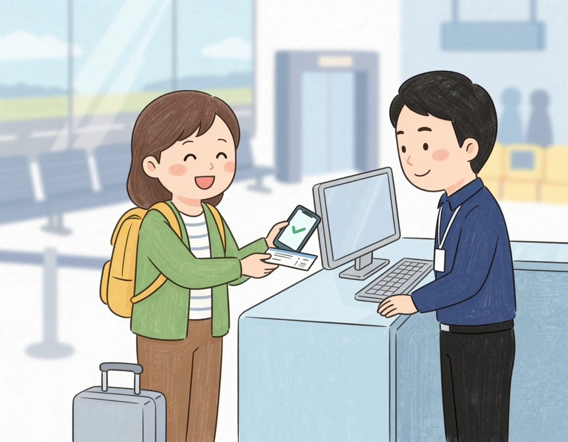 공항 카운터에서 항공권과 스마트폰으로 정지를 신청하는 여행자