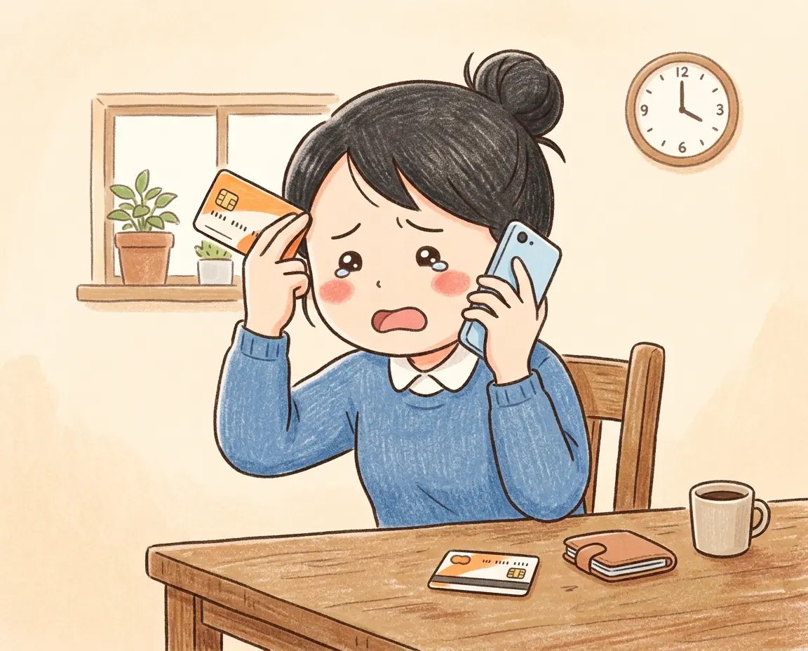 스마트폰으로 다급하게 카드 정지를 요청하는 모습