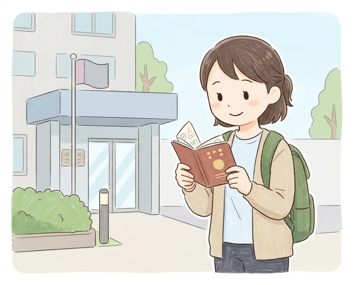 대사관 앞에서 임시 여권을 받고 안도하는 여행자