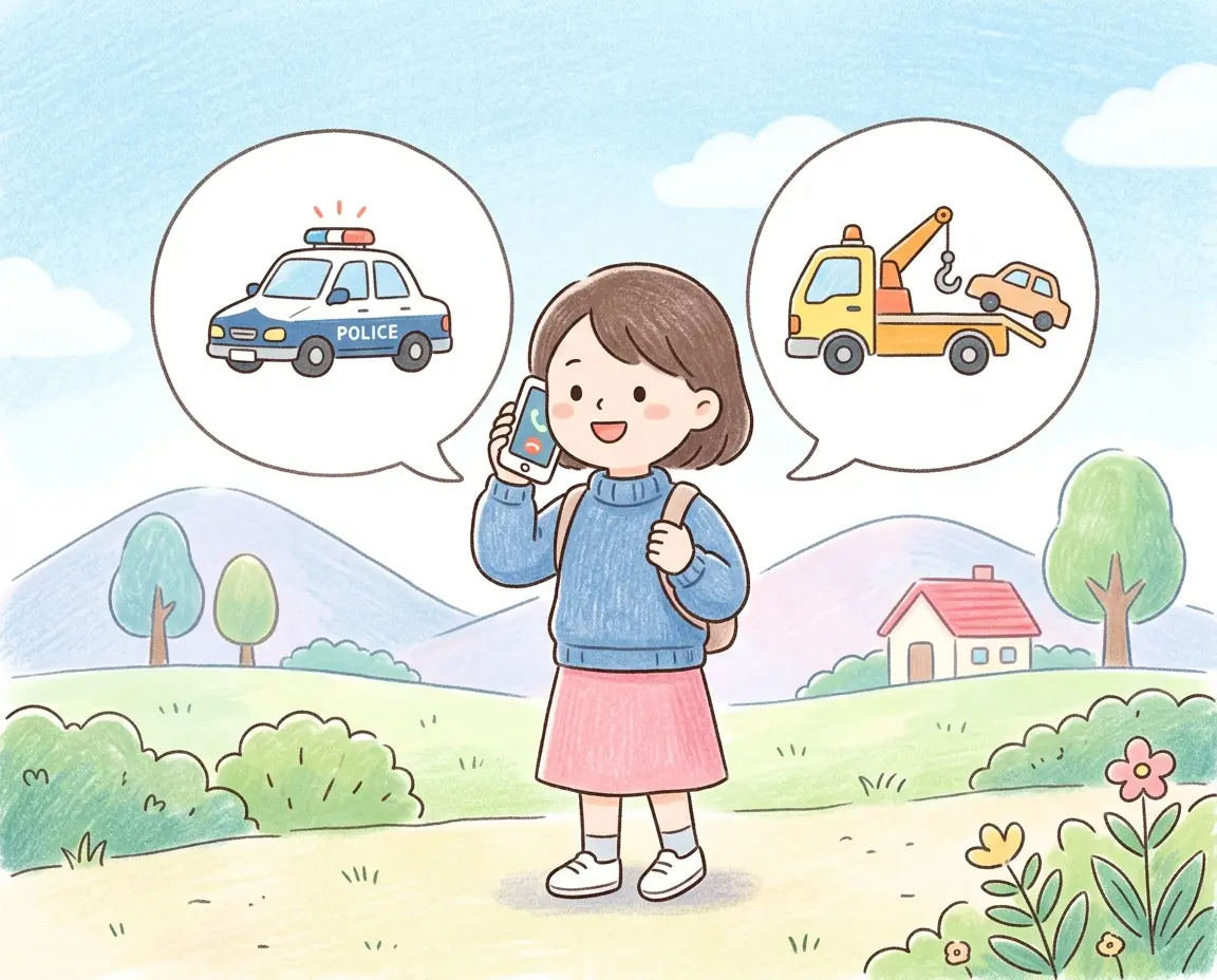 경찰과 렌터카 업체에 전화를 거는 여행자 일러스트