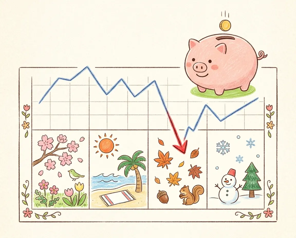 계절별 비행기 표 가격 변동 그래프와 캘린더 일러스트