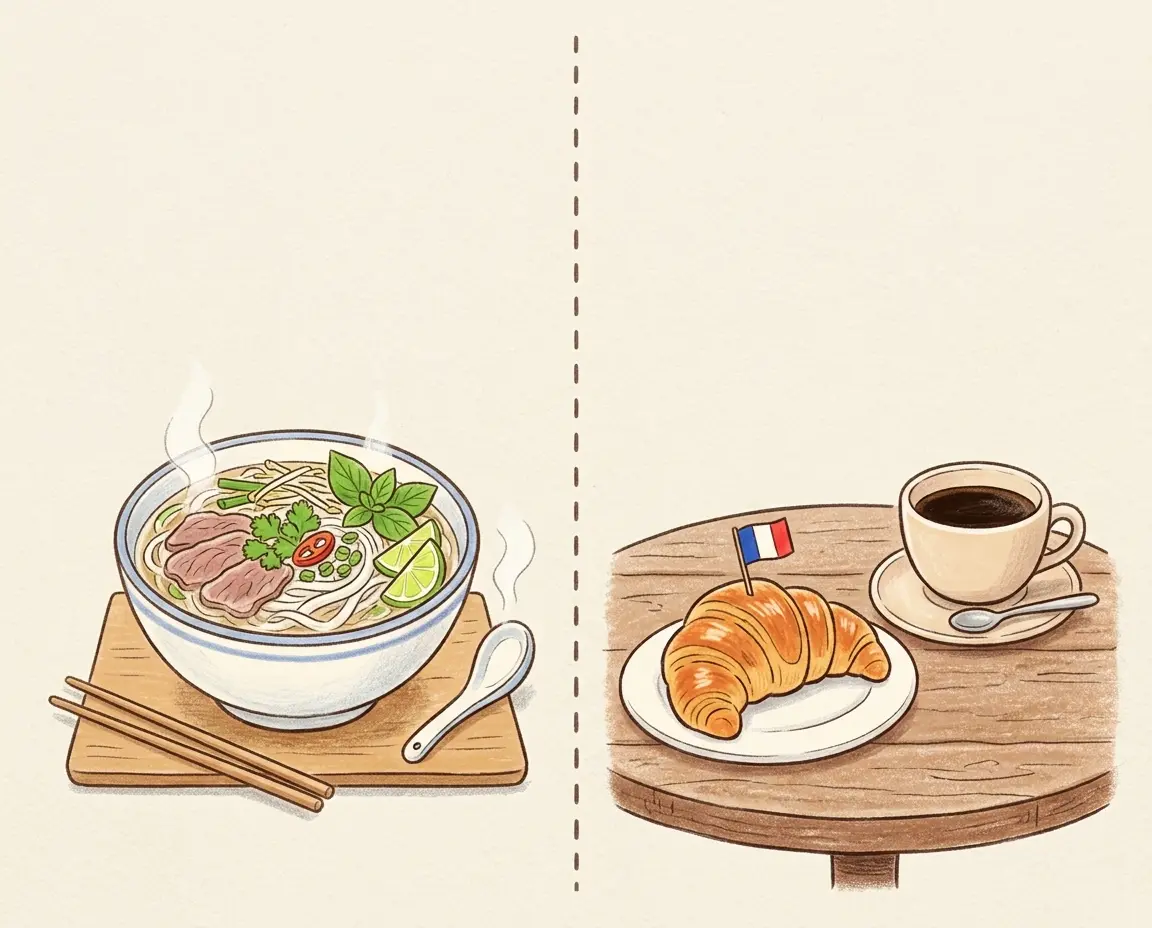 동남아 쌀국수와 유럽 크루아상을 비교하는 귀여운 일러스트