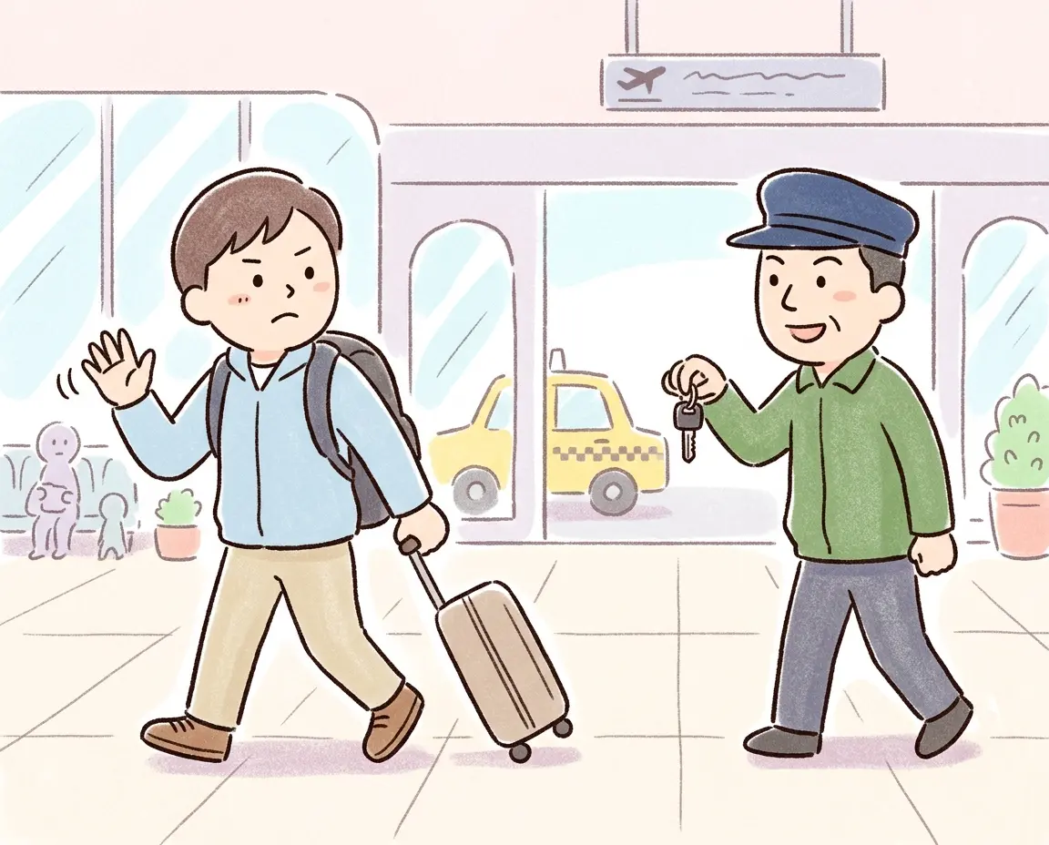 공항 호객꾼의 택시 제안을 단호하게 거절하는 여행자