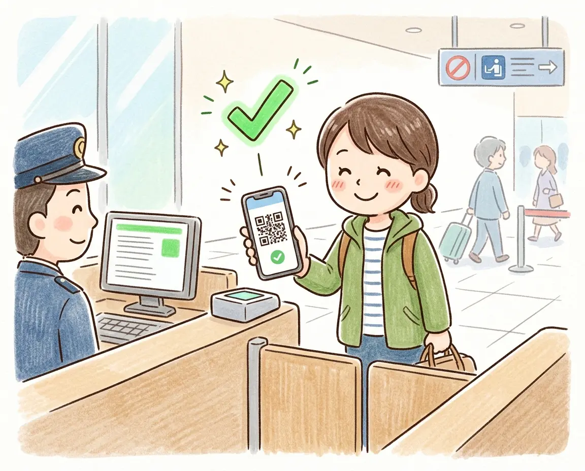 모바일 세관 신고 앱으로 QR코드를 스캔하며 밝게 웃는 여행객 일러스트