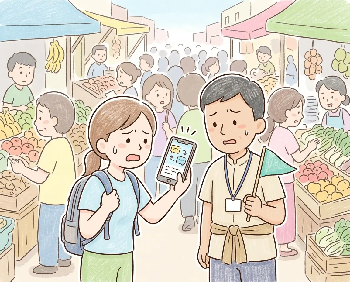 시끄러운 야외에서 번역기 앱이 작동하지 않아 답답해하는 여행자