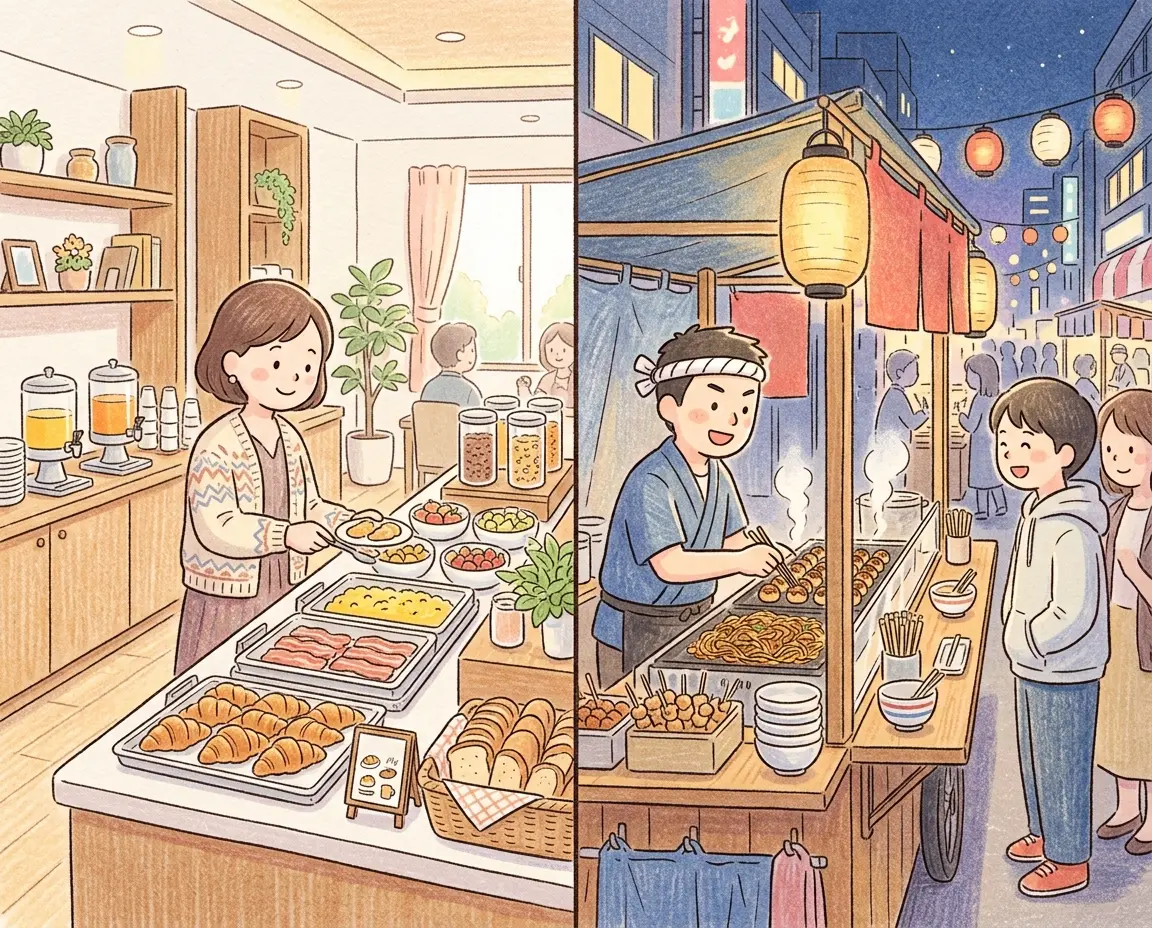 숙소 뷔페와 현지 길거리 식당의 아침 풍경 비교