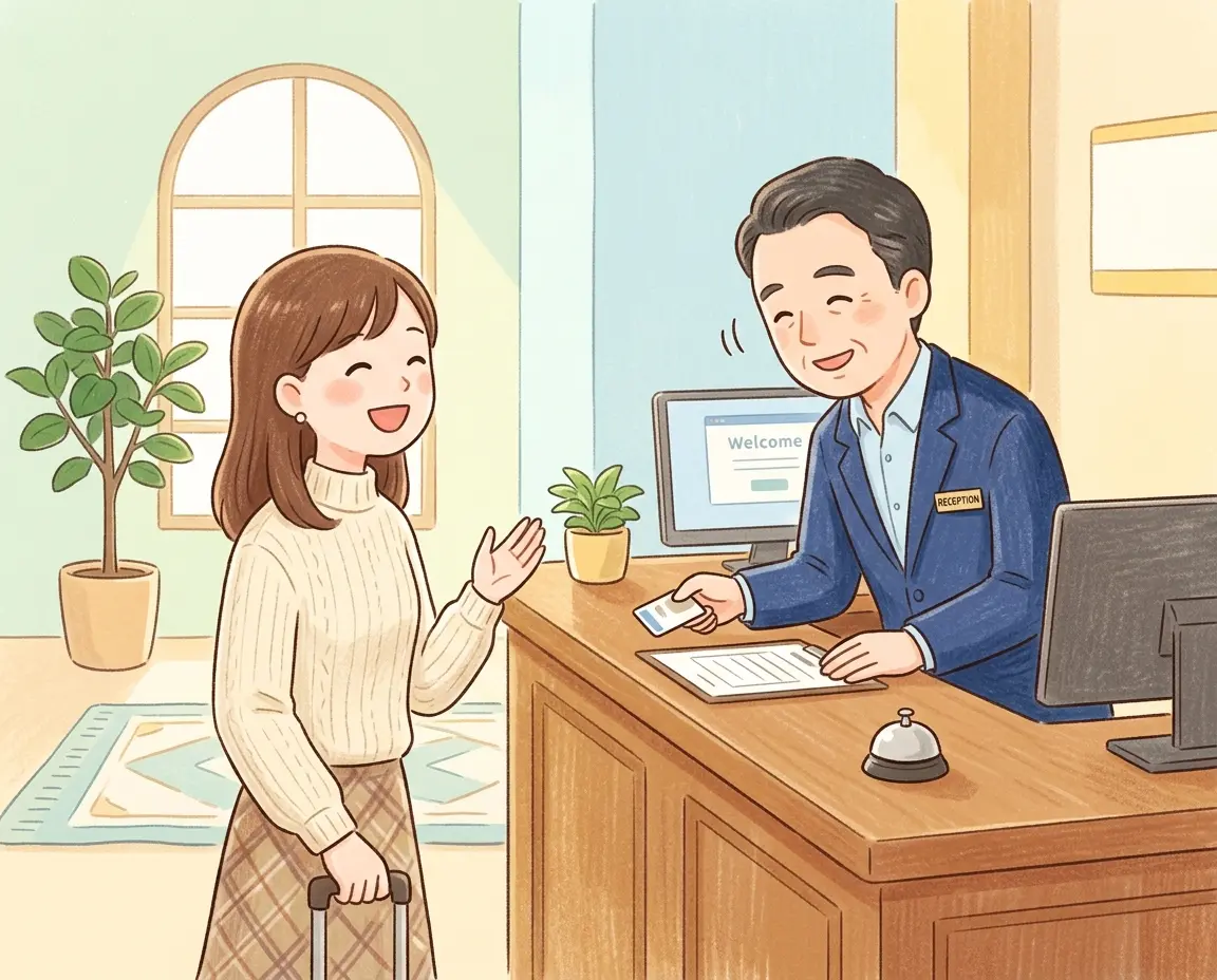 호텔 프론트 데스크에서 밝게 웃으며 체크인하는 여성