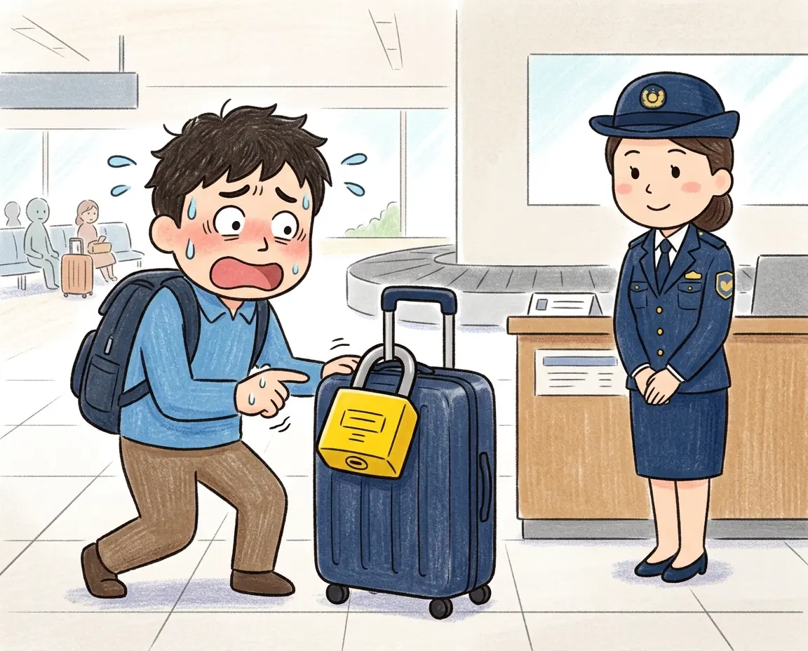 캐리어에 노란색 세관 자물쇠가 채워져 당황하며 땀을 흘리는 여행객 일러스트