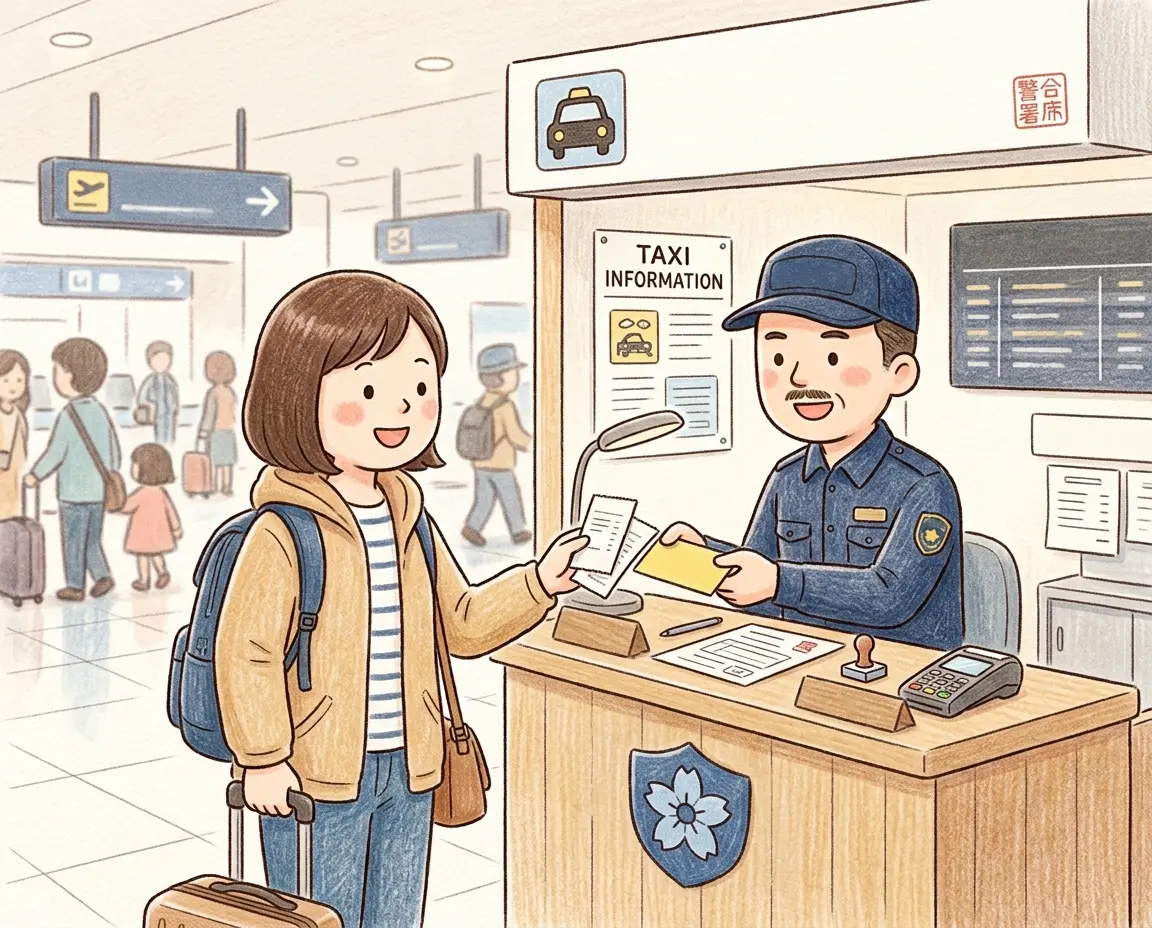 공항 내 공식 프리페이드 택시 부스에서 영수증을 받는 모습