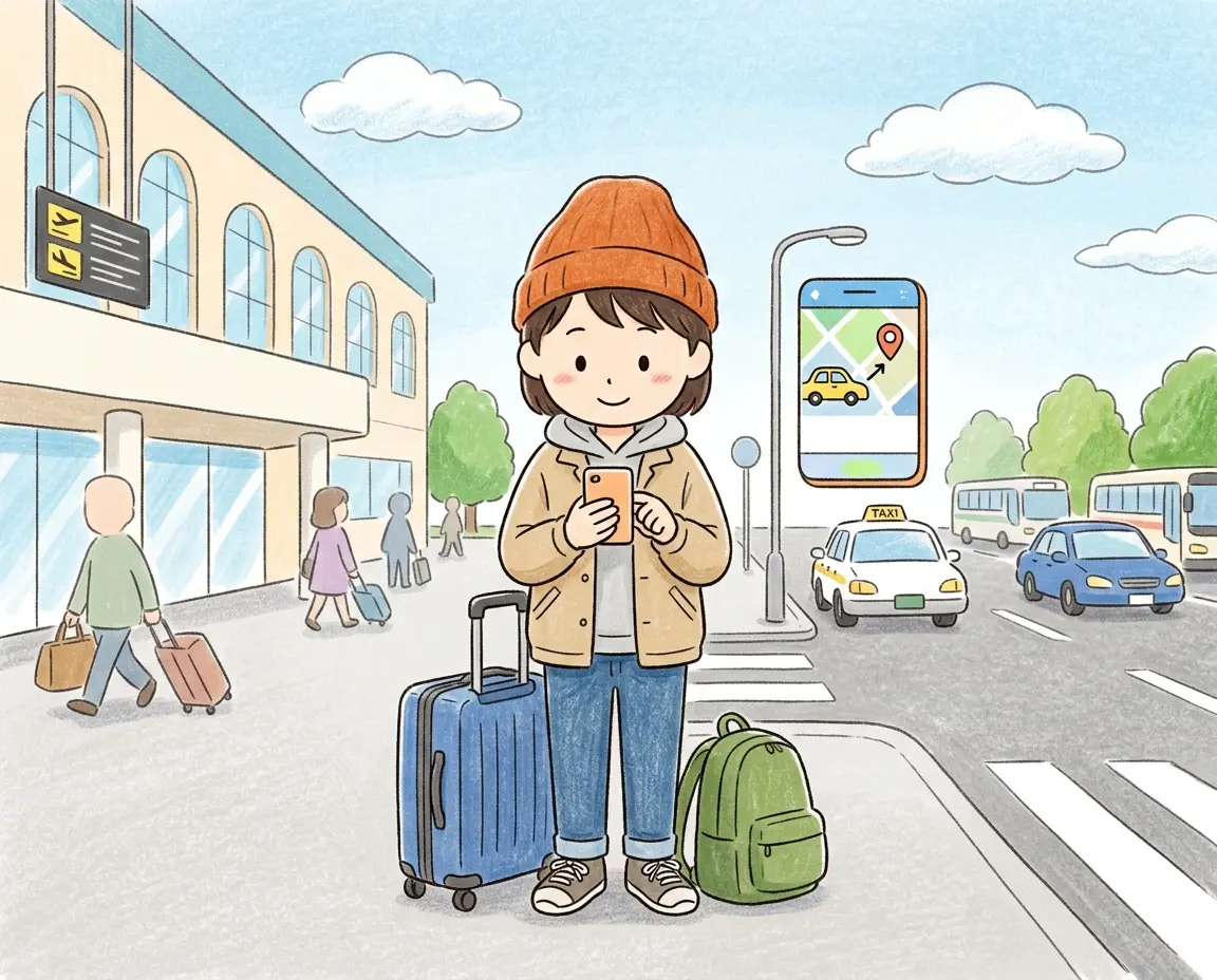 공항 밖에서 스마트폰으로 우버를 호출하는 모습