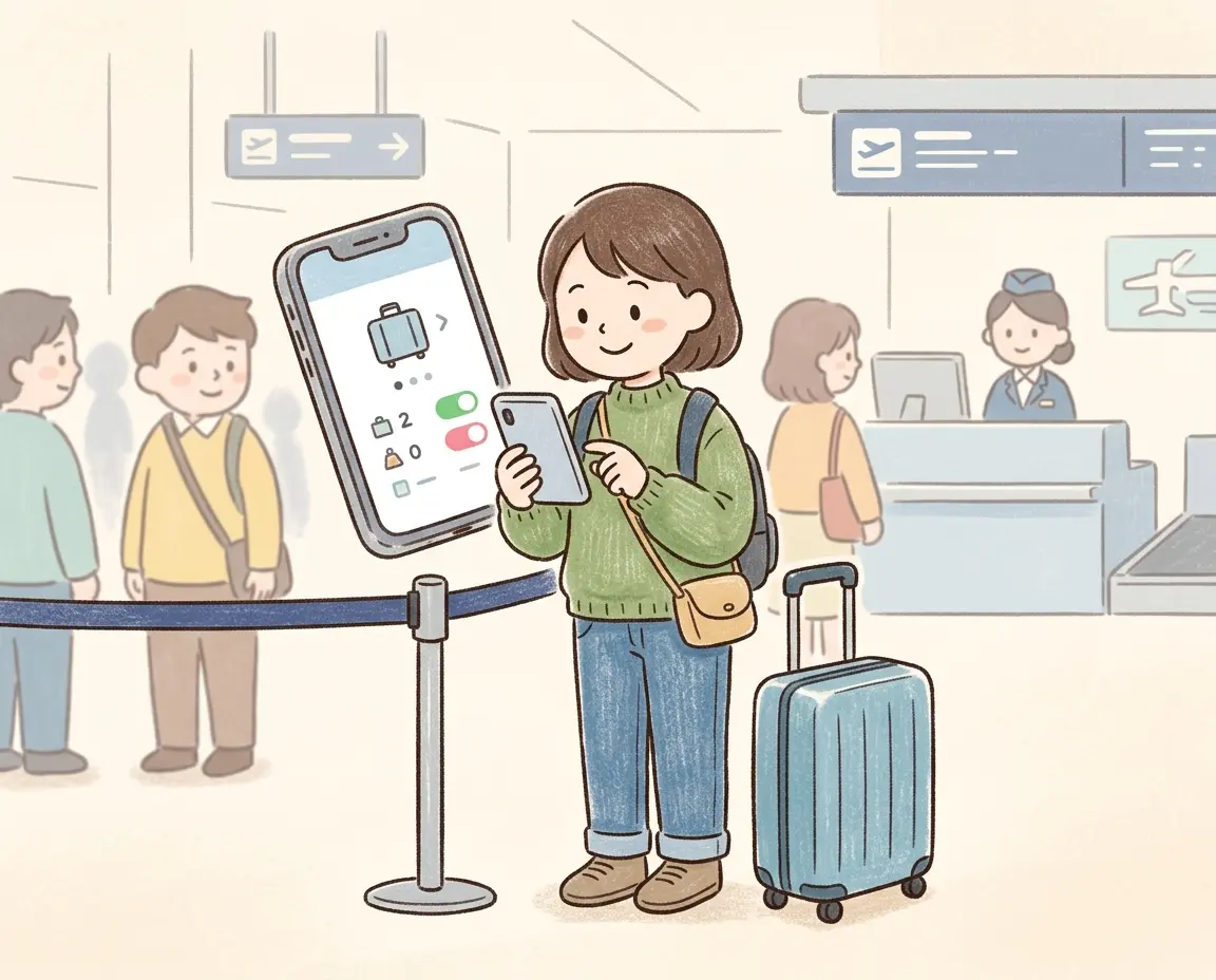 공항 줄에서 스마트폰으로 수하물 사전 구매를 확인하는 모습