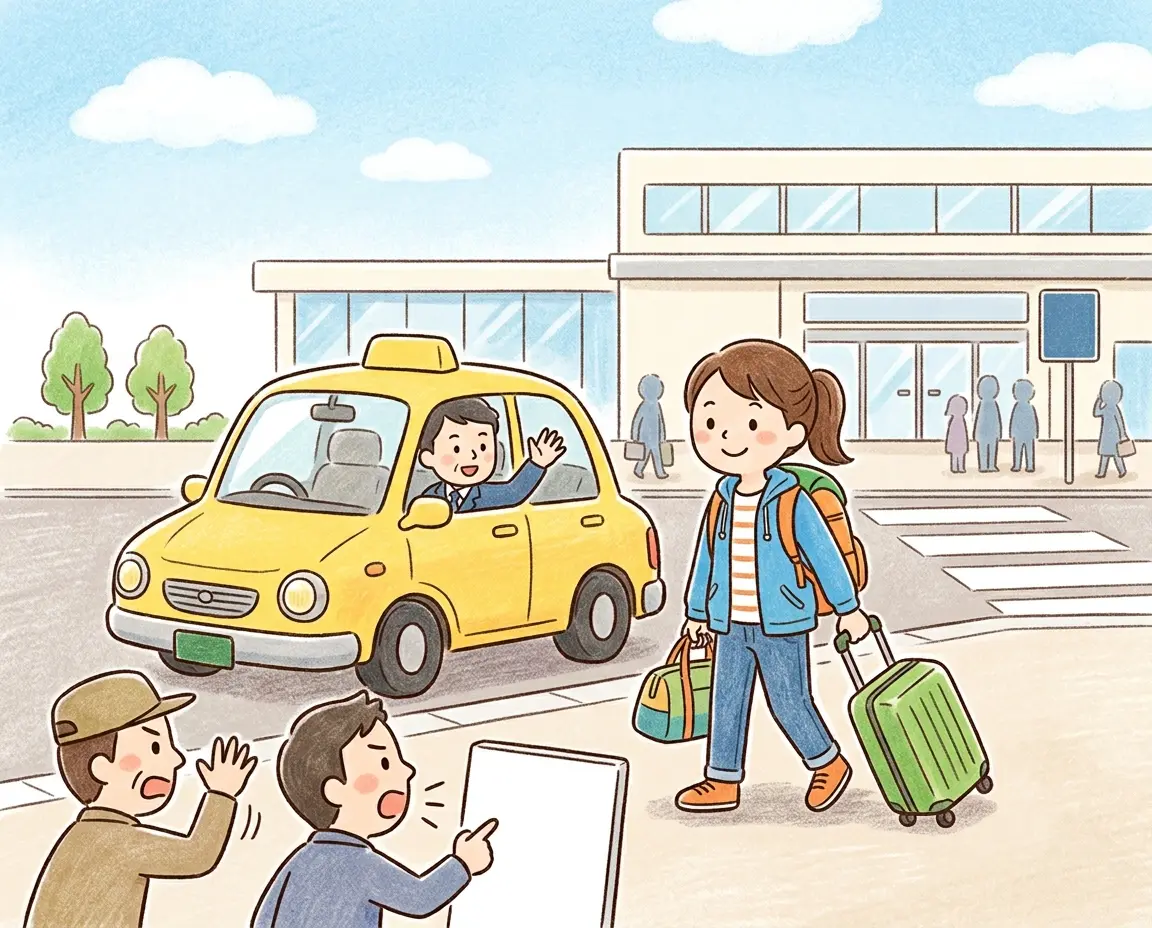 공항 밖에서 프리페이드 택시를 타는 여행자의 모습