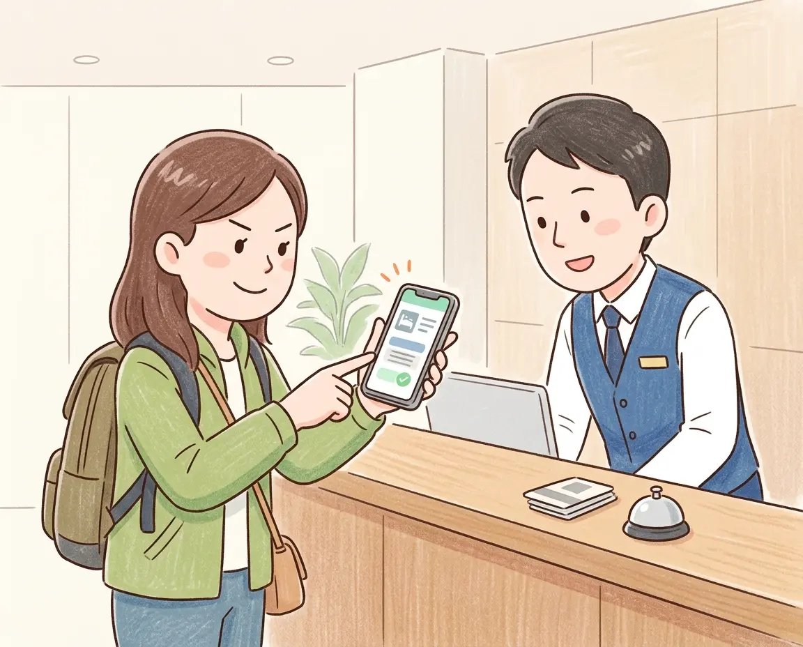 프론트 데스크에서 바우처를 보여주며 항의하는 모습
