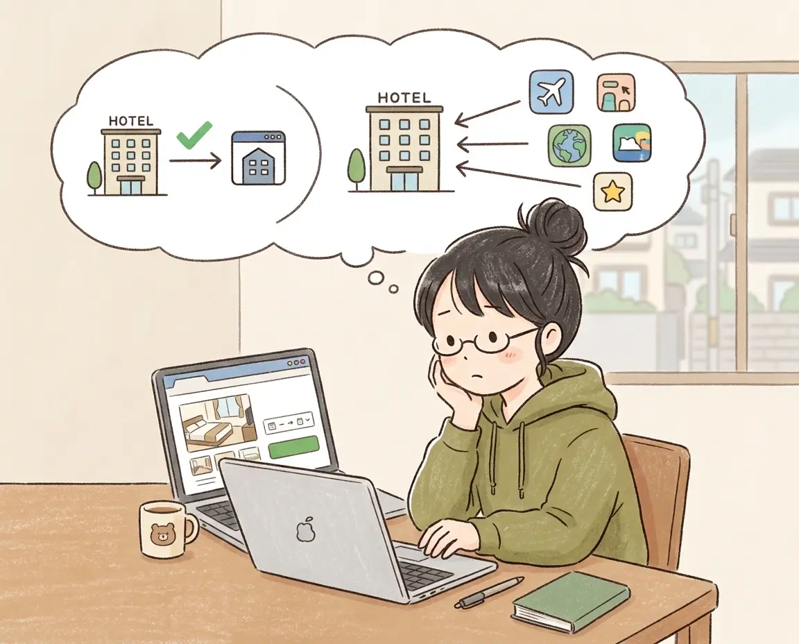 노트북으로 호텔 예약을 하며 공식 홈페이지와 플랫폼 예약을 고민하는 여행자 일러스트
