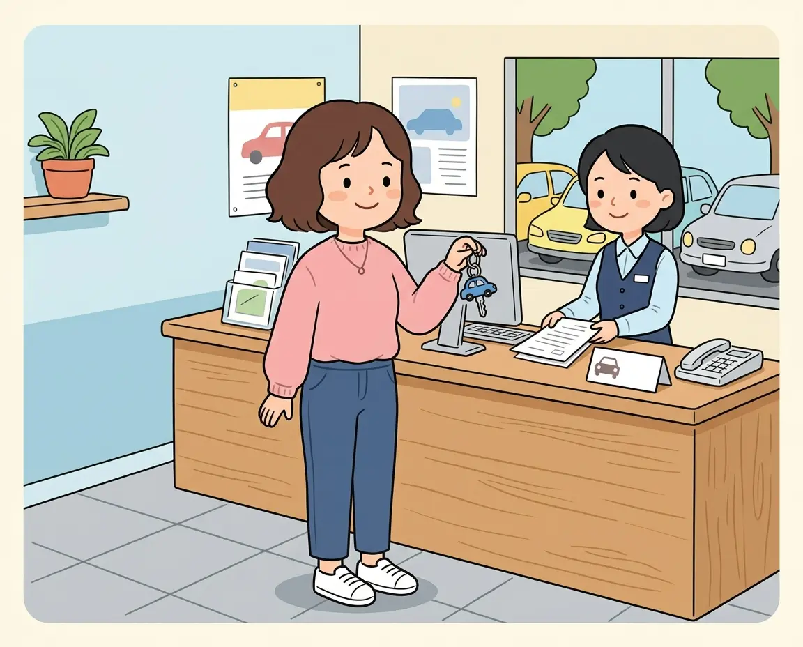 렌터카 카운터에서 열쇠를 받는 모습