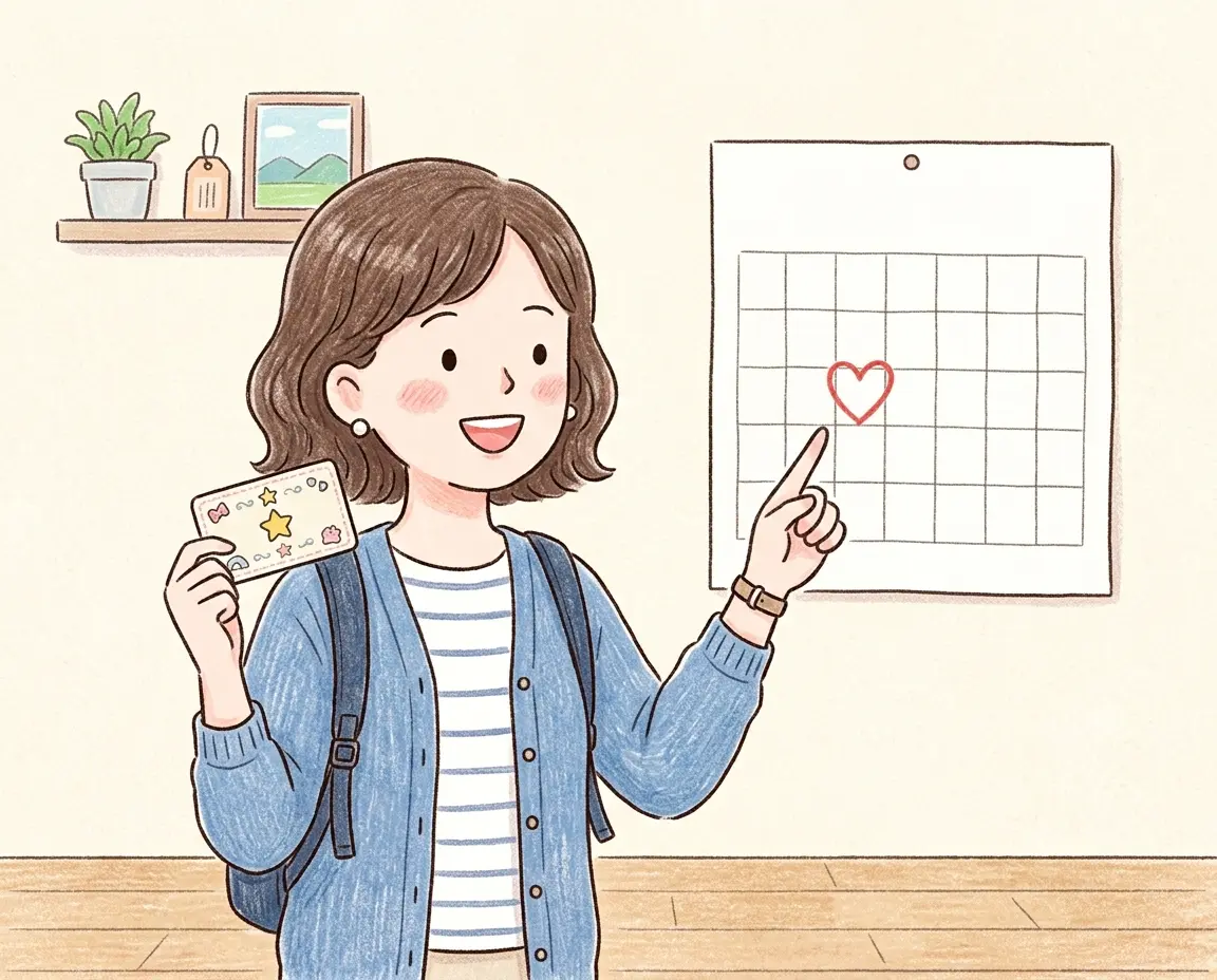 호텔 멤버십 카드와 특별한 기념일이 표시된 달력을 가리키며 기뻐하는 여행자 일러스트