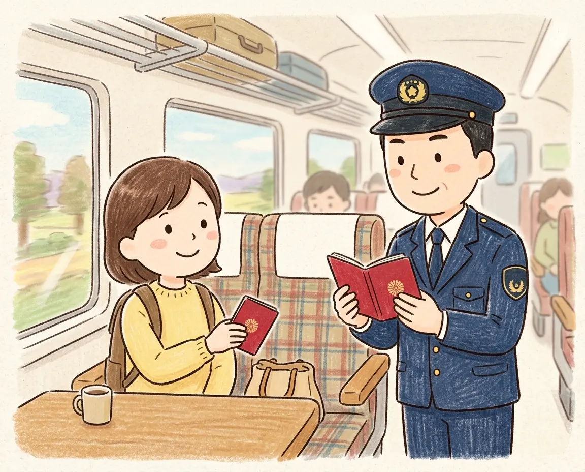기차 안에서 경찰에게 여권을 보여주는 여행자 일러스트