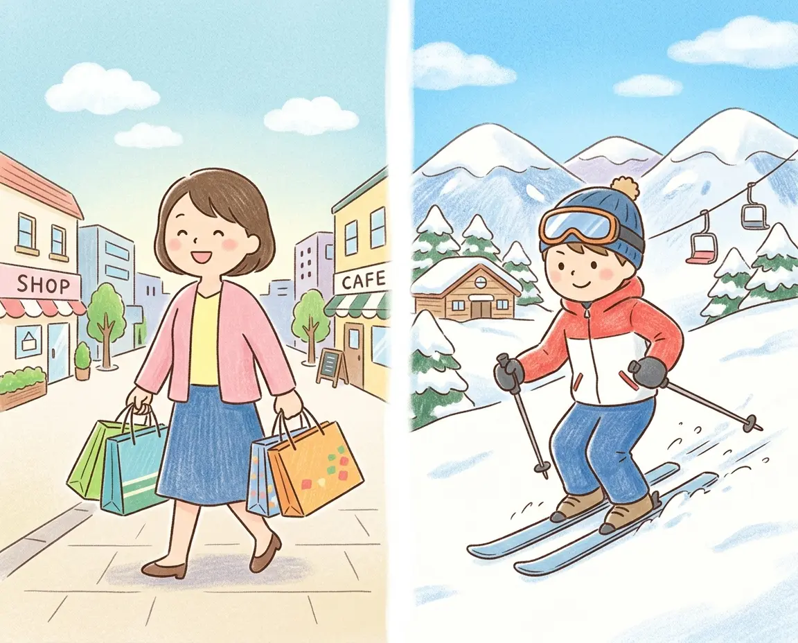 쇼핑 여행과 스키 여행 등 다양한 여행 스타일을 나타내는 일러스트