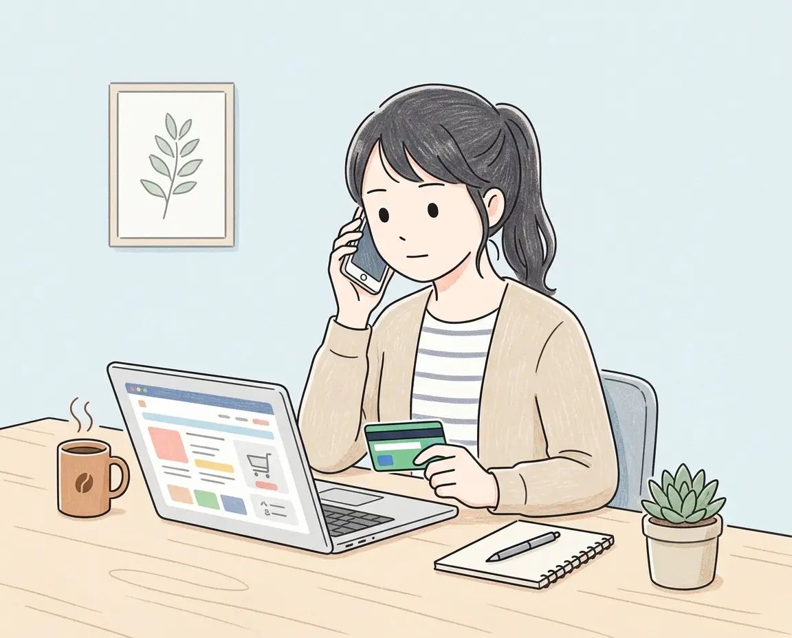 노트북 앞에서 신용카드를 들고 카드사에 전화로 이의 제기를 하는 여성