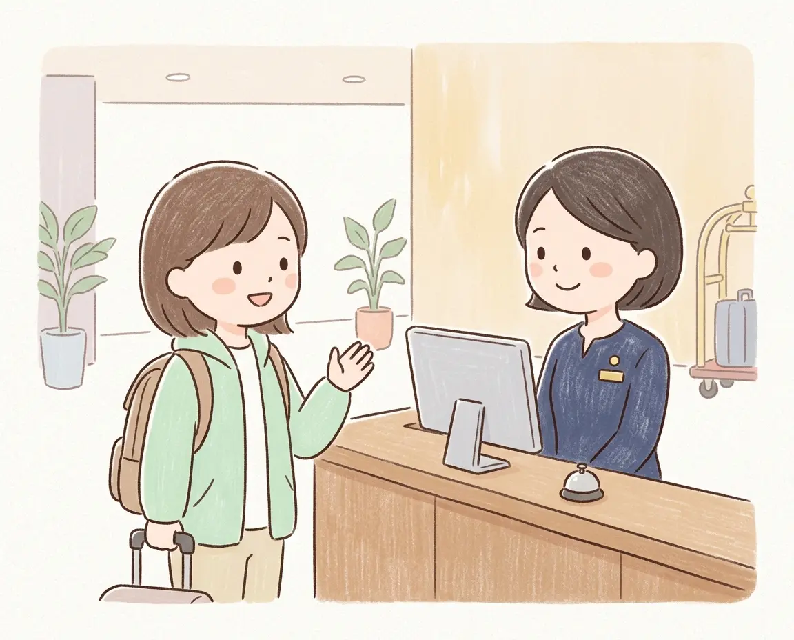 프런트 데스크 직원에게 밝게 웃으며 레이트 체크아웃을 요청하는 여행자 일러스트