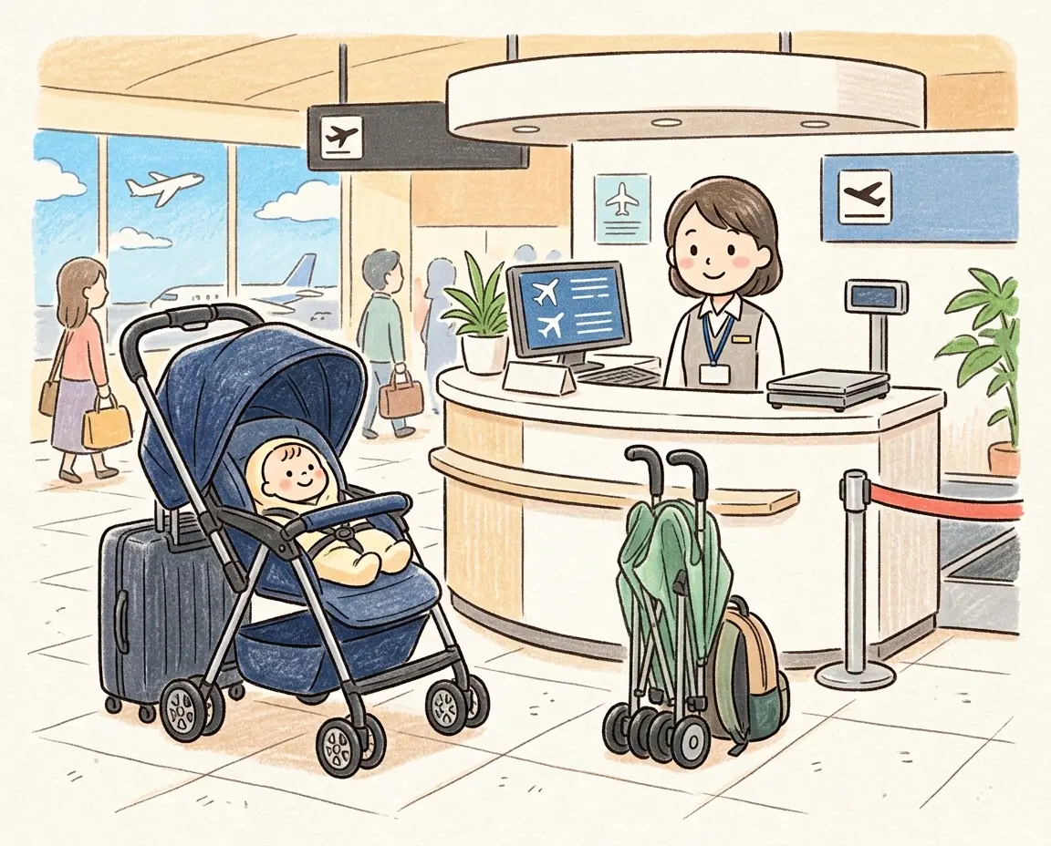 항공사 카운터 앞의 디럭스 유모차와 휴대용 유모차 비교
