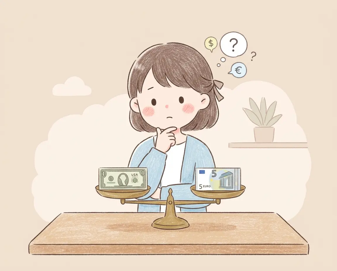 달러와 유로를 비교하며 고민하는 일러스트