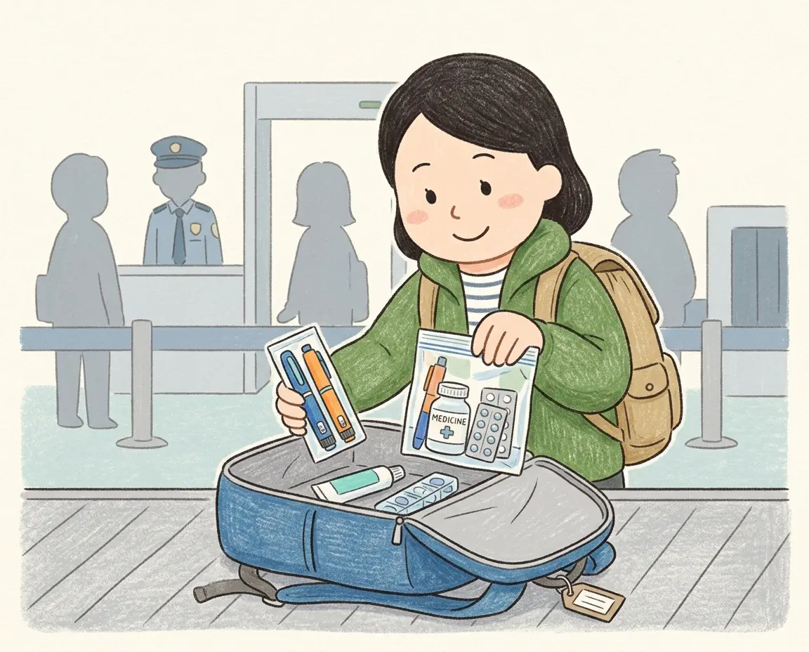 기내 수하물에 약과 인슐린을 꼼꼼히 포장하는 여행자